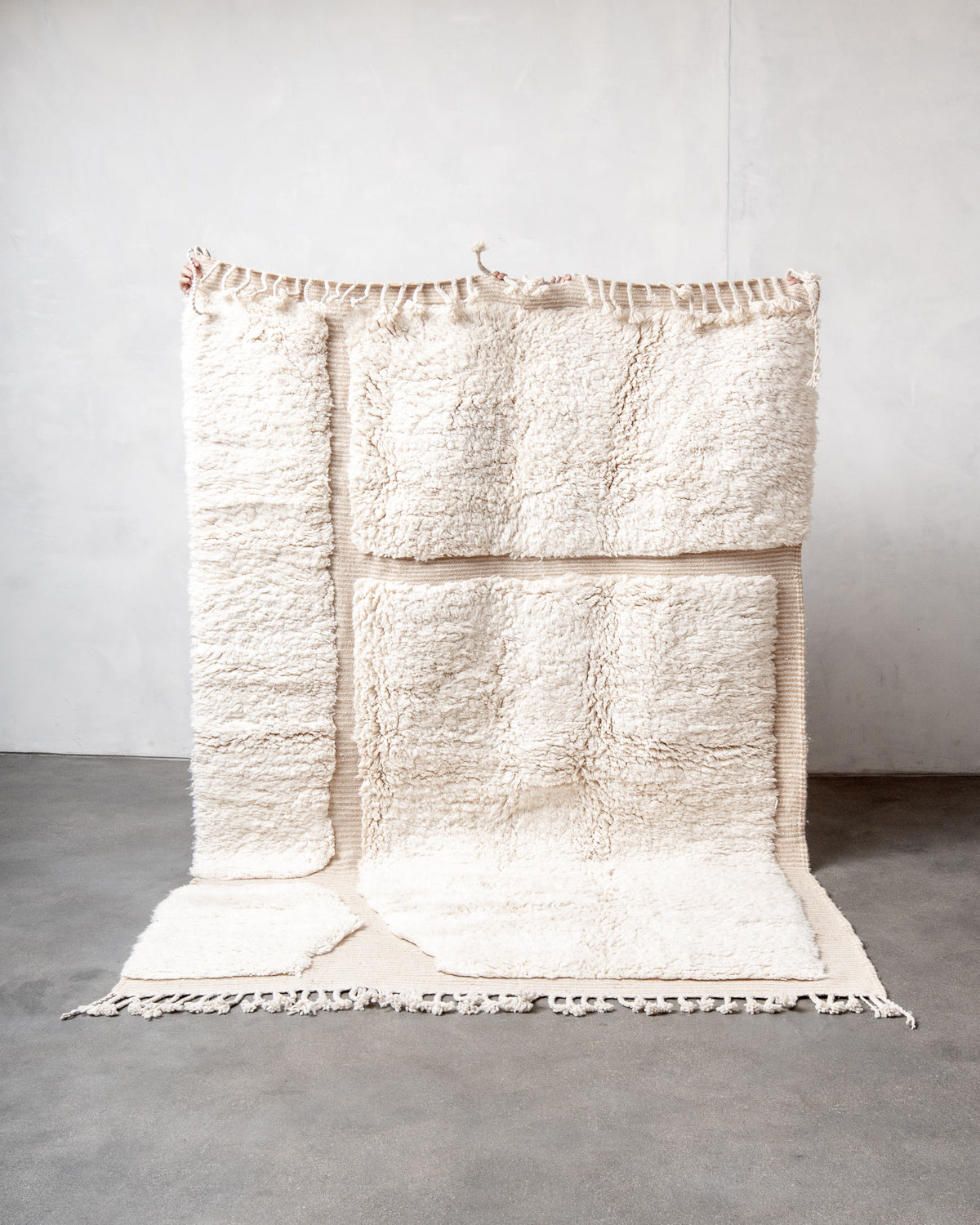 Modern, designer, handcrafted Berber rug from Morocco. Beniourain carpet with beautiful colours and patterns and fluffy wool texture.